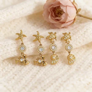 Trendy Stainless Steel Gold Plated Drop Earrings Beach Starfish Crab Geometric Design Zircon Earring for Women Party Occasion