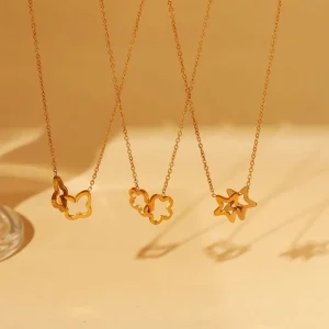 Trendy Stainless Steel Necklace Fashion Interlocking Rings Pendant Gold Plated Jewelry Heart Butterfly Choker for Stacking