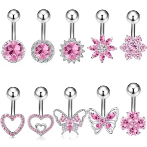 Trendy Stainless Steel Pink Butterfly Zircon Navel Ring Heart shaped Belly Piercing Jewelry Unisex Wedding