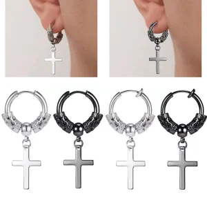 Trendy Stainless Steel Zircon Cross Pendant Vintage Tibetan Dragon Pattern Earrings Hoops Hip hop Unisex Ear Cuffs