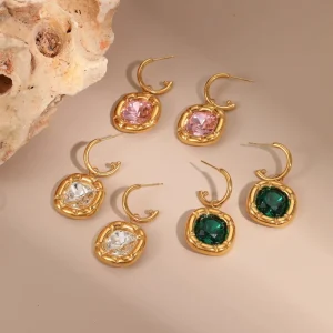 Trendy Stainless Steel Zircon Textured Pendant Earrings Gold Plated Stud Earrings Fashion Jewelry Everyday Wear