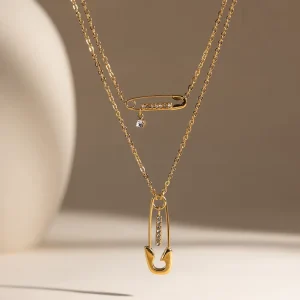 Trendy Style 18K Gold Tungsten Rhinestone Paper Clip Double Layer Necklace Light Luxury Niche 316L Stainless Steel Jewelry