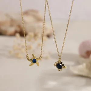 Trendy Summer Marine Element Necklace Inlaid Blue Stone Starfish Crab Design Stainless Steel Neck Jewelry