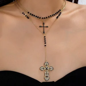 Trendy Summer Vacation Cross Chain Multi layer Rhinestone Pendant Women’s Necklace for Women Set Link Chain Fashion Jewelry