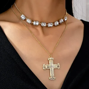 Trendy Summer Vacation Fashion Jewelry Heart Shaped Metal Chain with Multi Layer Beaded Cross Pendant Collarbone Length Necklace