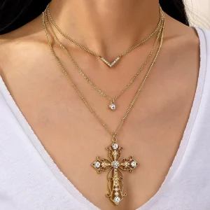 Trendy Summer Vacation Multi layer 3 Piece Women’s Cross Necklace Exquisite Crystal Cross Necklace & Collarbone Fashion Jewelry