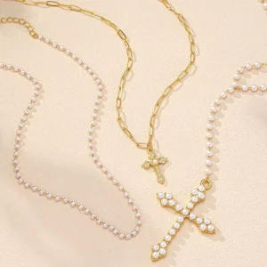 Trendy Summer Vacation Multi layer Beaded Cross Pendant Heart shaped Metal Chain Layered Necklace & Collarbone Fashion Jewelry