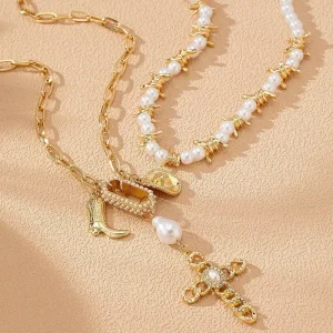 Trendy Summer Vacation Multi layer Beaded Cross Pendant Heart shaped Metal Chain Layered Necklace & Collarbone Fashion Jewelry