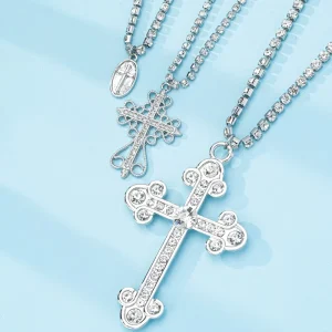 Trendy Summer Vacation Multi layer Beaded Cross Pendant Heart shaped Metal Chain Layered Necklace & Collarbone Fashion Jewelry