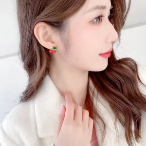 Trendy Sweet Style Red Cherry Brass Drop Earrings Fashion Zircon Cute Fruit Gift Earrings for Women