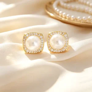 Trendy Tarnish Free 18K Gold Plated CZ Paved Square Elegant French Pearl Stud Earrings for Women Wedding Bridal Jewelry