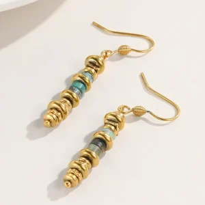 Trendy Turquoise Stainless Steel Handmade Beaded Gold Plated Drop Earrings with Geometric Design for Women’s Party Occasions