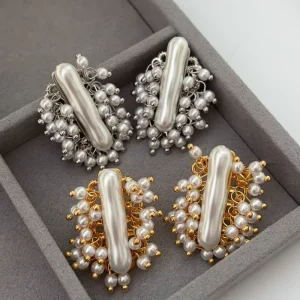 Trendy Vintage Earrings in Gold and Silver Elongated Baroque Pearls Ear Accessories Cactus Shaped Tassel Drop Earrings