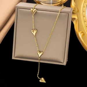 Trendy Waterproof Custom Heart Gold Plated Bamboo Chain Stainless Steel Zircon Fashion Pendant Necklace
