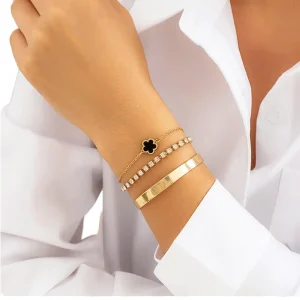 Trendy Waterproof Non Tarnish Alloy Three Piece Clover Zircon Stack Bracelet Set for Luxury Daily Styling