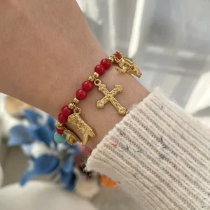 Trendy Western Cowboy Charm Bracelet with Bull Head & Boot Red Bead Adjustable String Jewelry for Women Country Concert Festival