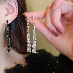 Trendy White Black Zircon Long Hanging Earrings for Women Wedding Party Silver Plated Fashion Jewelry Drop Earrings