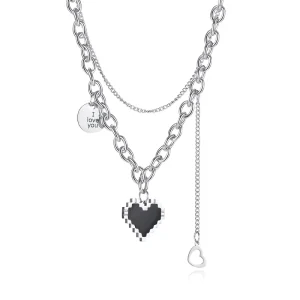 Trendy Women Hip Hop Double Layers Stainless Steels Chain Letter I Love You Necklace Acrylic Black Heart Pendant Necklace