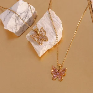 Trendy Women’s 316L Stainless Steel Jewelry 18K PVD Gold Necklace Waterproof with Pink Butterfly Zircon Pendant