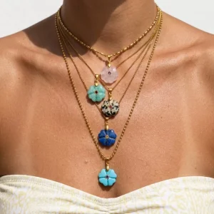 Trendy Women’s Gold Plated Stainless Steel Chain Necklace Animal Shaped Natural Stone Flower Pendant Lapis Lazuli Amazonite Gift