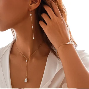 Trendy Women’s Water Drop Shape Imitated Pearl Fashion Jewelry Set Party Wear Accessories Necklace Earrings Bracelet Main Alloy