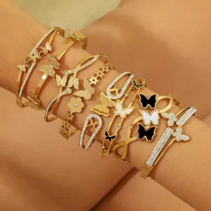 Trendy Zircon 18K Gold-plated Stainless Steel Multiple Bracelet Butterfly Spring Open Frosted Bracelet for Women