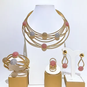 Tri Color Gold Plated 4Pcs Jewelry Set Multi Layer Mesh Chain with Sparkly Ball Accents for Women Wedding Party