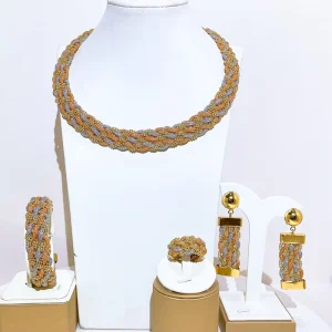 Tri color Braided Mesh Chain 4Pcs Jewelry Set Copper Woven Necklace Earrings Bracelet Ring Women Accessories HS2602225