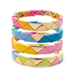 Triangle Boho Zinc Alloy Elastic Rainbow Enamel Bracelet Colorful Crystal Tile Beads Stacked Bangles for Women