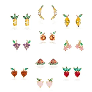 Tropical Fruit Charm Dangle Hoop Earrings 18K Gold-Plated Jewelry Set with Non-Pierced Clip-On Ear Cuffs