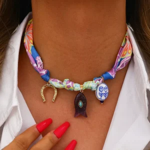 Tropical Style DIY Silk Scarf Necklace With Ceramic Koi Fish and Heart Pendant Boho Summer Choker for Women Jewelry Gift