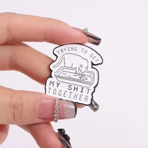 Trying to Get My Shit Together Enamel Pins Funny Cat Litter Box Brooches Lapel Badge
