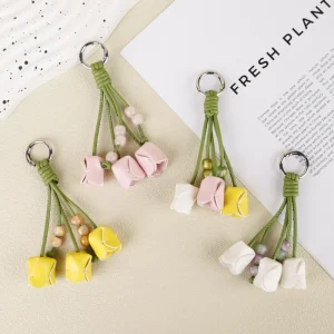 Tulip Bag Charm PU Leather Keychain Three Flower Bud Beaded Pendant Decoration for Casual Handbag Hobo Bag School Backpack