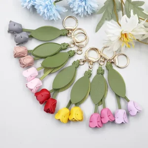 Tulip Bag Decoration PU Leather Leaf Flower Key Chain Cute Charm Creative Bag Pendant for Friends Lovers