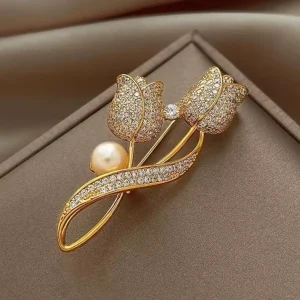 Tulip Full Rhinestone Zircon Pearl Brooch Women Tulip Flower Brooches Pins Collar Corsage Jewelry