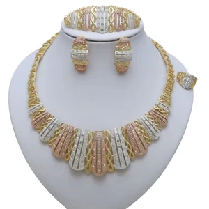 Turkey Crystal Tricolor Necklace Earrings Ring Dubai Jewelry Set African Nigeria Wedding Bridal Accesorios Mujer