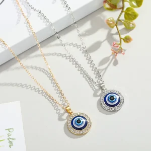 Turkish Blue Eye Pendant Necklace Paved Crystal Gold Plated Jewelry Evil Eyes Necklace