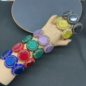 Turkish Design Gold Plated Colorful Natural Round Stone Bangles Inlay Rhinestone Hand Wrist Jewelry Bangle