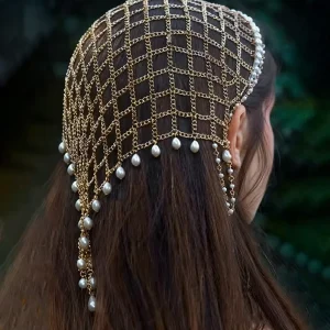 Turkish Gypsy Fashionable Hot Selling Metal Mesh Headband Retro Pearl Pendant Elegant Prom Hair Accessory Hair Chain