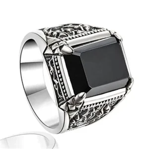 Turkish Jewelry Black Ring Men Light weight Silver Mens Rings Agate Stone Vintage Cool Fashion Alloy Cocktail Ring Amethyst