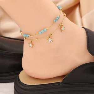 Turquoise Eye Geometric Micro Insert Bohemian Beach Chain Diamond Anklet Gold Plated Stainless Steel Jewelry Fashionable Women