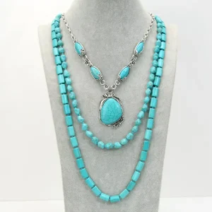 Turquoise Geometric Natural Stone Beads Necklace Fashion Jewelry Pendants Charms Long Necklace for Women