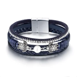 Turtle Starfish Leather Wrap Bracelet Boho Rhinestone Pearl Charms Cuff Bracelets for Women