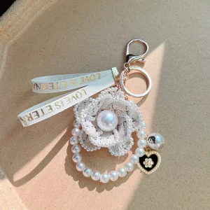 Tweed Camellia Pearl Key Ring Elegant Ribbon Wristlet Bag Charm Cute Heart Decor Car Keychain Ornament Ladies Accessory