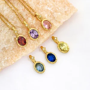 Twelve Birthstone Women’s Necklace 12 Colors Zircon Pendant Bamboo Chain Gold-Plated 316 Stainless Steel