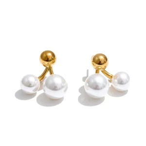 Twin Pearl Cherry Stud Earrings, Minimalist Gold Stainless Steel Simulated Pearl Earrings