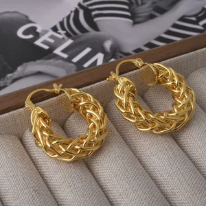 Twisted Braided O shaped 18K Gold plated Ear Studs with a Unique Design for Women’s Earrings