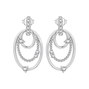 Twisted Chain Multi Layer Oval Frame Paved White Cubic Zircon Dangle Clip Earrings Copper Silver Plated