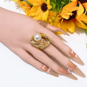 Twisted Gold Pearl Statement Ring With Small Rhinestone Elegant Adjustable Finger Ring Chic Minimalist Jewelry