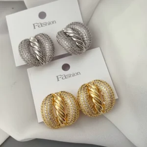 Twisted Interlocking Circle Full Paved CZ Stud Earrings Gold Silver Mixed Metal Luxury Women Fashion Jewelry Fan Earrings
